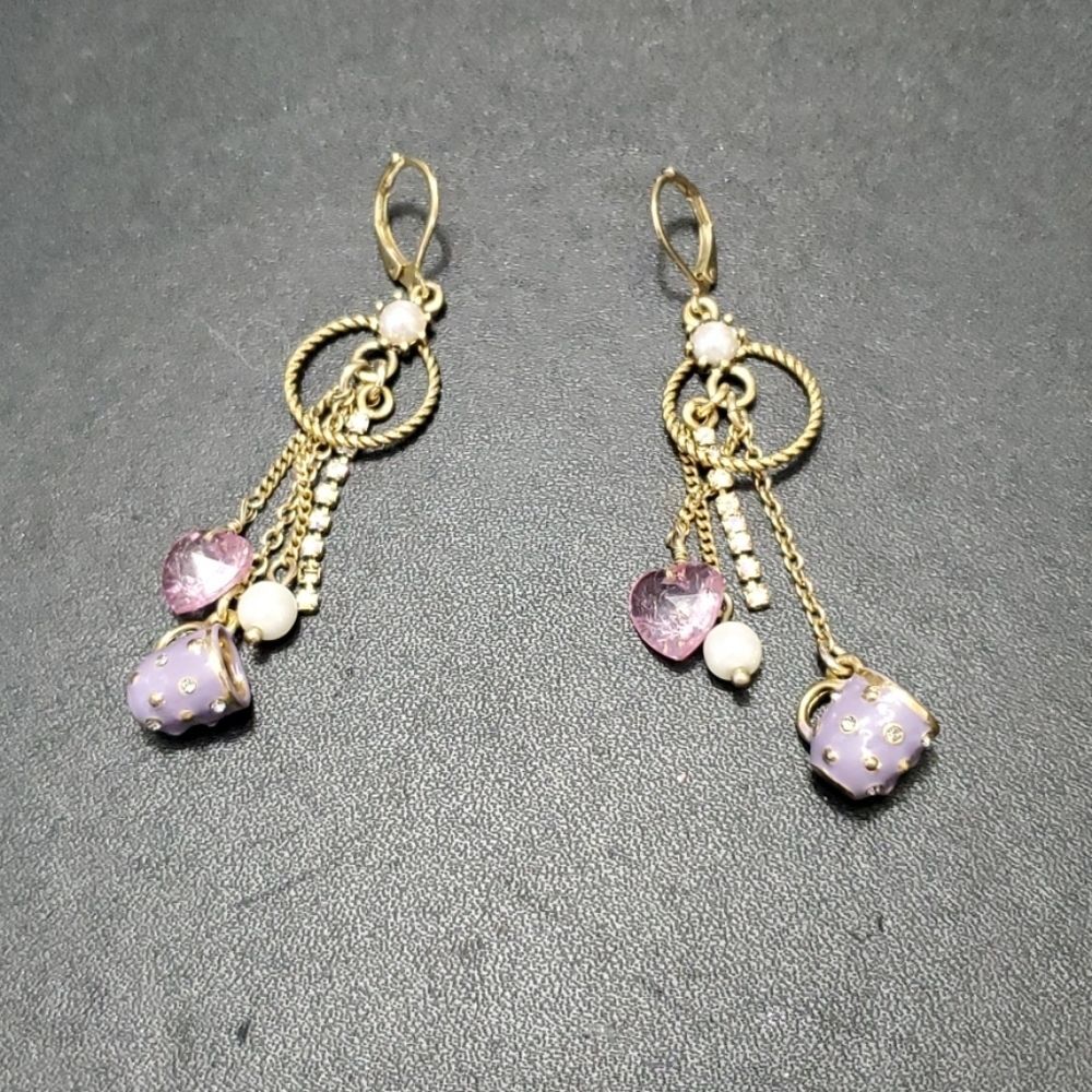 Gold tone dangling purple cup earrings faux pearl
